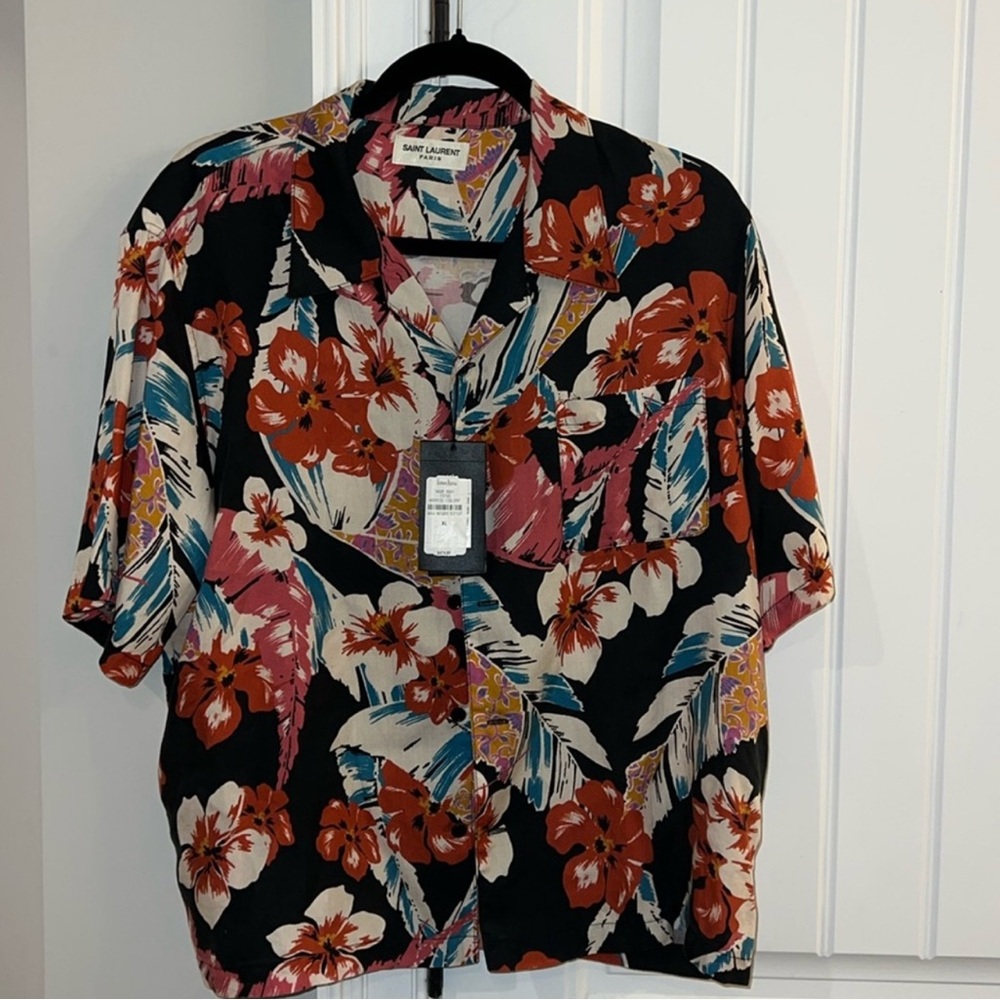 Yves Saint Laurent Black Floral Short-Sleeve Button-Down Shirt